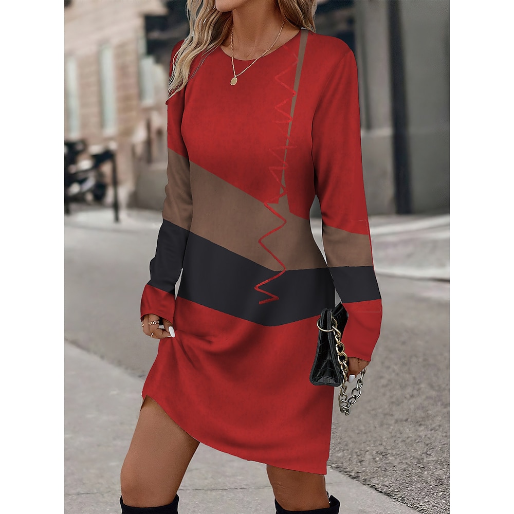 Damen Sweatshirt-Kleid Casual kleid Minikleid Aktiv Modisch Outdoor Ausgehen Wochenende Rundhalsausschnitt Bedruckt Geometrisch Farbblock Lockere Passform Rote Blau Orange S M L XL XXL Lightinthebox