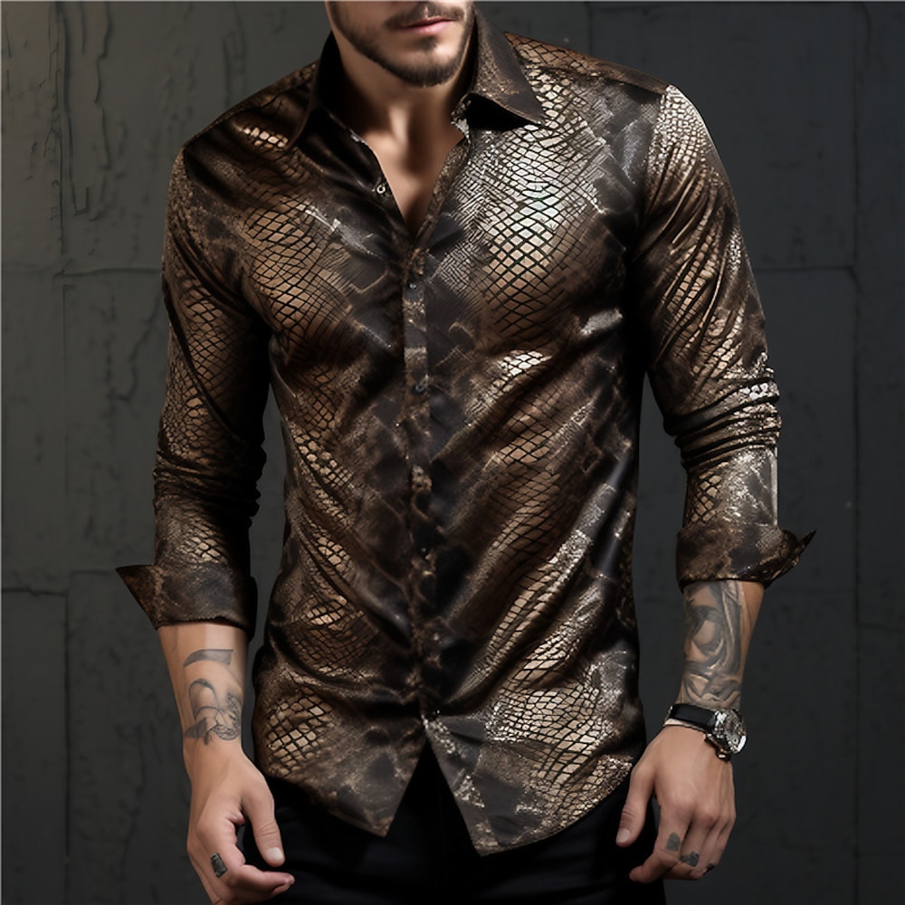 Herren Schlange metallisch Hemd Langarm Abstrakt Freizeitskleidung Ausgehen Herbst Winter Umlegekragen Bedruckt Button-Down Schwarz Gold Braun Khaki Lightinthebox