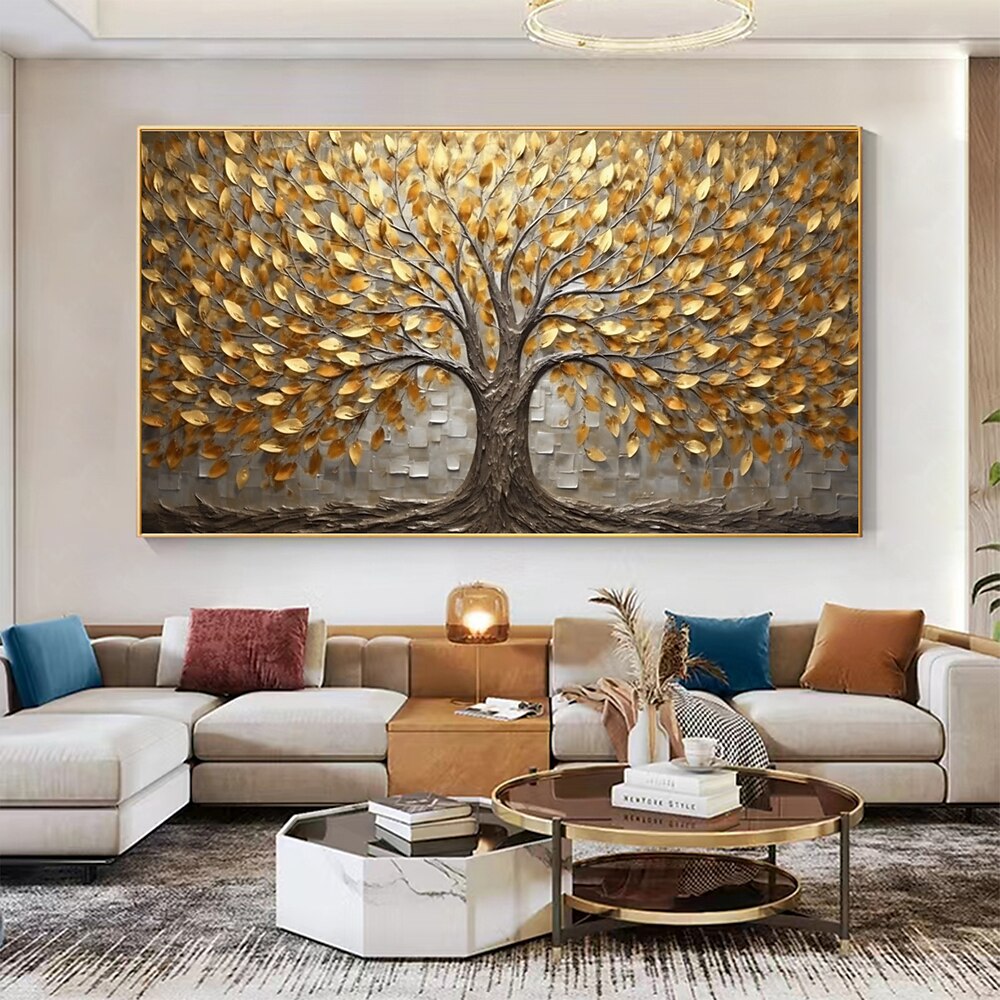 Handgefertigtes Ölgemälde auf Leinwand, Wandkunst-Dekor, originales Blattgold-Baum-Wohndekor mit gespanntem Rahmen, ohne Innenrahmen-Gemälde Lightinthebox