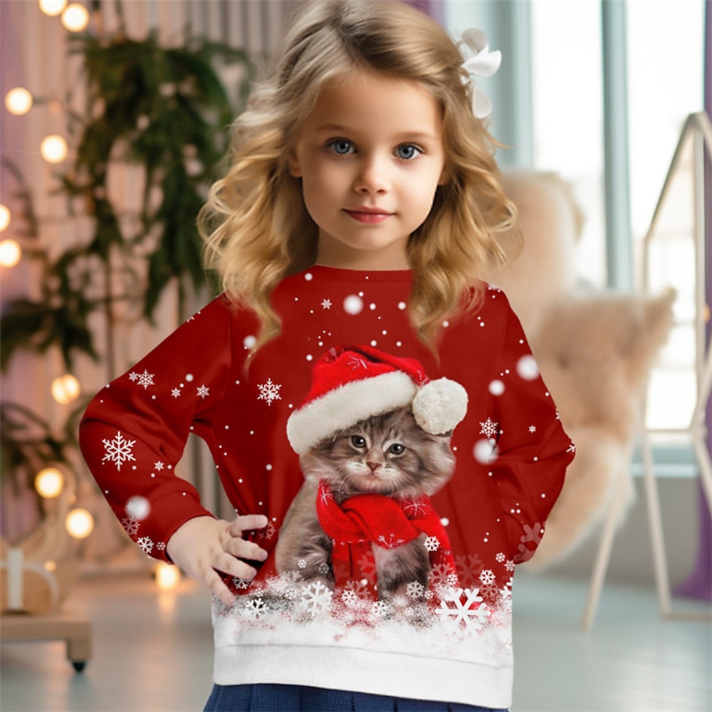 Weihnachten Mädchen 3D Katze Schneeflocke Pullover Langarm 3D-Druck Herbst Winter Modisch Strassenmode bezaubernd Polyester kinderkleidung 3-12 Jahre Rundhalsausschnitt Outdoor Casual Täglich Regular Lightinthebox