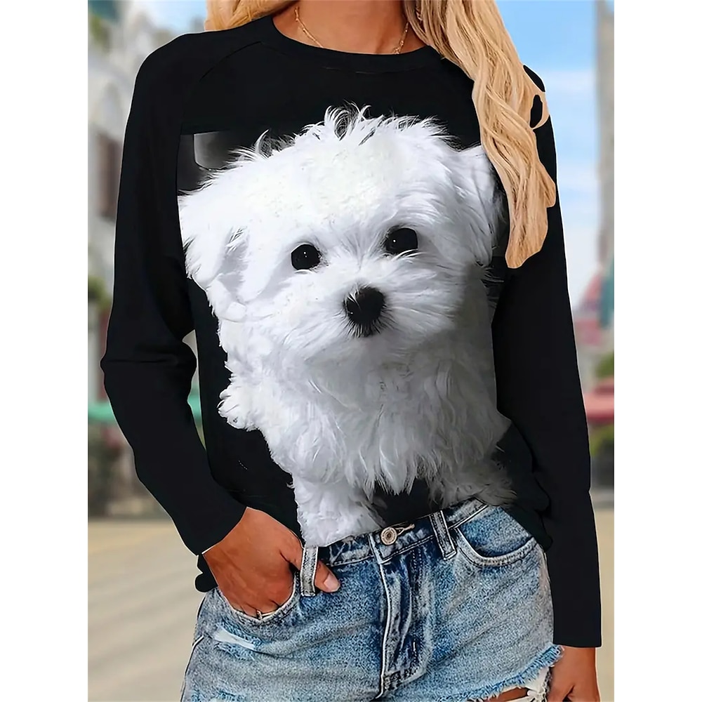 Damen T Shirt Hund Bedruckt Täglich Wochenende Modisch Langarm Rundhalsausschnitt Schwarz Frühling Herbst Lightinthebox