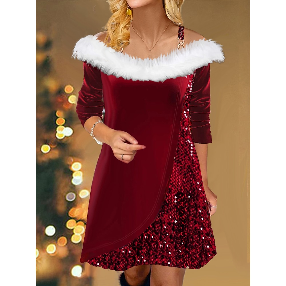 Damen velvet kleid Paillettenkleid abendkleider velvet Pailletten Patchwork Spaghetti-Träger Langarm Minikleid winterkleider damen Weihnachten Wein Winter Lightinthebox