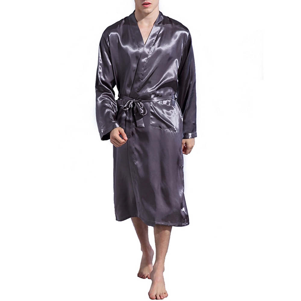 Herren Morgenmantel Bademantel Seidenrobe Kimono aus Seide 1 pcs Glatt Stilvoll Brautkleider schlicht Komfort Heim Täglich Bett Kunstseide Komfort Warm V Ausschnitt Langarm Gürtel inbegriffen Herbst Lightinthebox