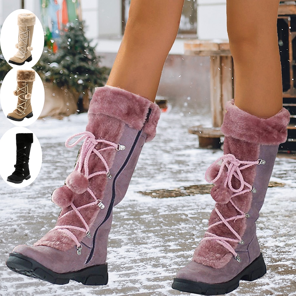 Damen-Winterstiefel mit Pelzfutter, Schnürung und Bommeldetail, wasserdichte, warme Stiefel bis zur Mitte der Wade für kaltes Wetter Lightinthebox