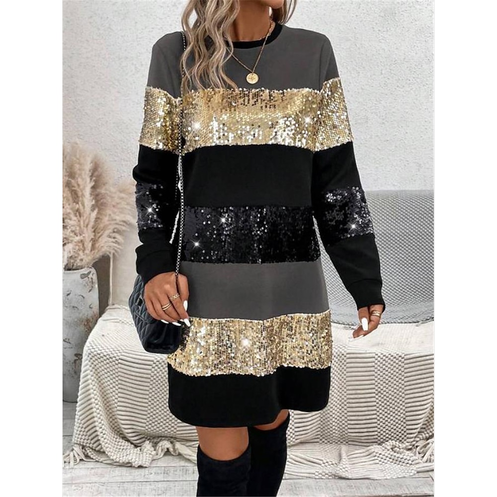 Damen Paillettenkleid abendkleider Cocktailkleid Pailletten Patchwork Rundhalsausschnitt Langarm Gestreift Minikleid winterkleider damen kleid hochzeitsgast Ausgefallene Rosa Gold Frühling Winter Lightinthebox