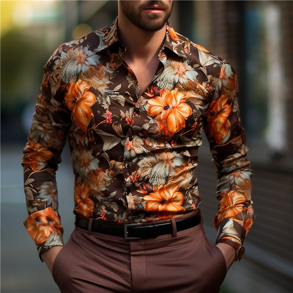 Ostern Herren Blumen Hemd Langarm Brautkleider schlicht Freizeitskleidung Wochenende Herbst Winter Umlegekragen Bedruckt Button-Down Schwarz Gelb Rote Braun SchwarzWeiß Lightinthebox