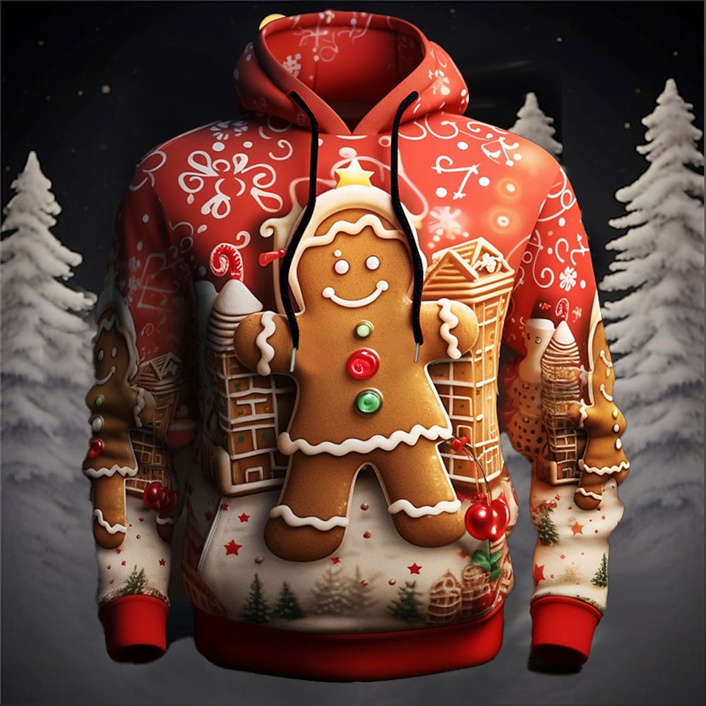 Weihnachten Lebkuchenmann 3D Hoodies für Herren Grafik Fröhliche Mode 3D Druck Sport Outdoor Urlaub Hoodies Rot Braun Langarm Kapuzendruck Fronttasche Frühlingamp;Herbst Designer Shirt Lightinthebox