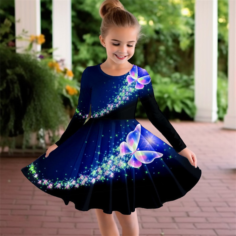 Mädchen' 3D Schmetterling Kleid Langarm 3D-Druck Herbst Winter Urlaub Sport Natur Täglich Kuschelig Brautkleider schlicht Schön kinderkleidung 3-12 Jahre Casual kleid A Linie Kleid Übers Knie Lightinthebox