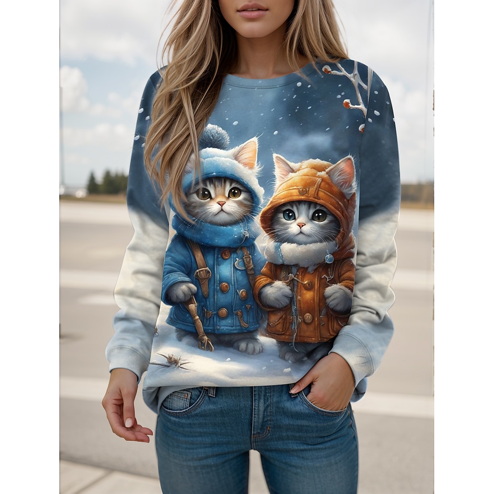 Damen Sweatshirt Pullover Katze Casual Sport Print Sportbekleidung Festival Rundhals Langarm Top Mikroelastisch Herbstamp; Winter Lightinthebox