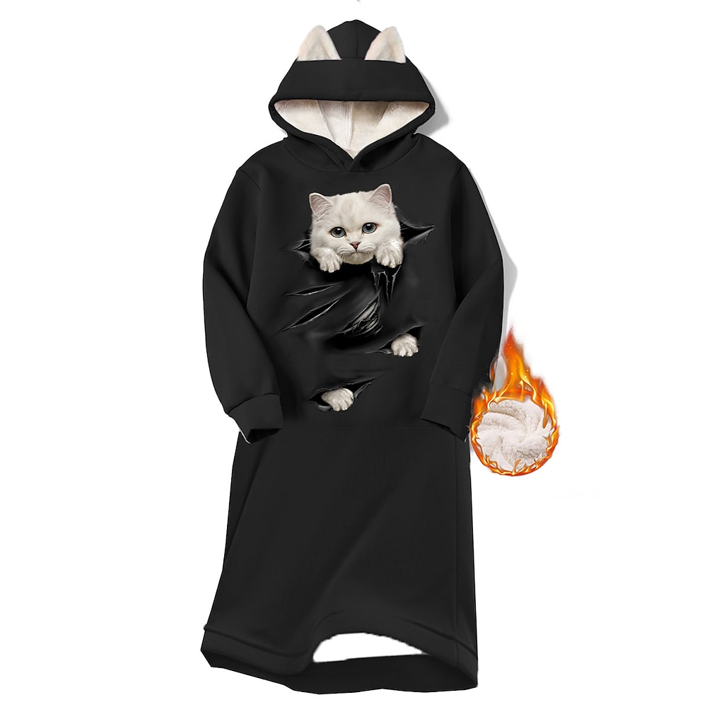 Damen Sweatkleid Casual kleid Minikleid Sherpa Fleece gesäumt Warm Outdoor Ausgehen Wochenende Kapuzenpullover Bedruckt Tasche Katze Lockere Passform Schwarz Dunkelpink Blau S M L XL XXL Lightinthebox