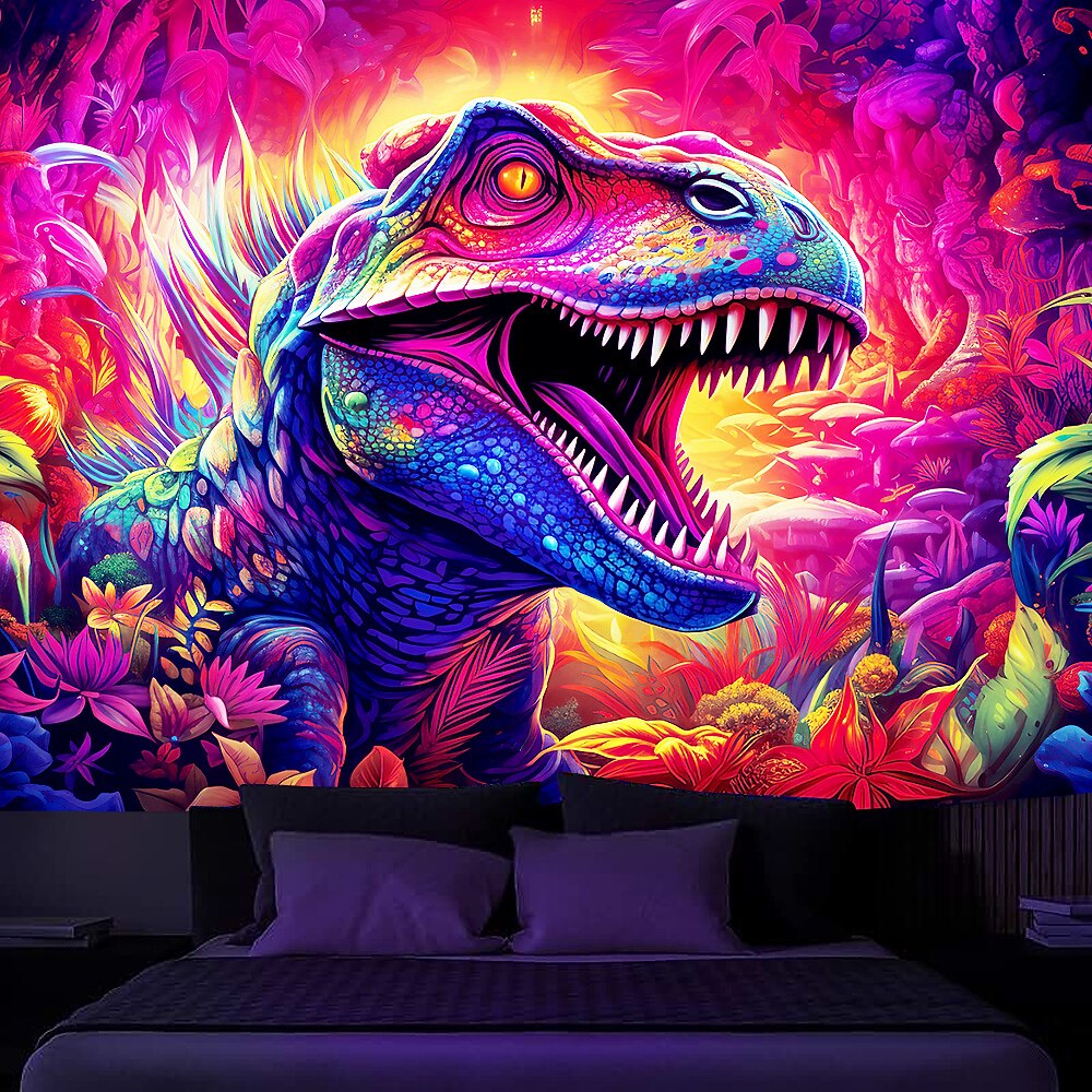 Dinosaurier Schwarzlicht Wandteppich UV reaktiv im Dunkeln leuchtend Party Neon Trippy Misty Floral Natur Landschaft Hängender Wandteppich Wandbild für Wohnzimmer Schlafzimmer Lightinthebox