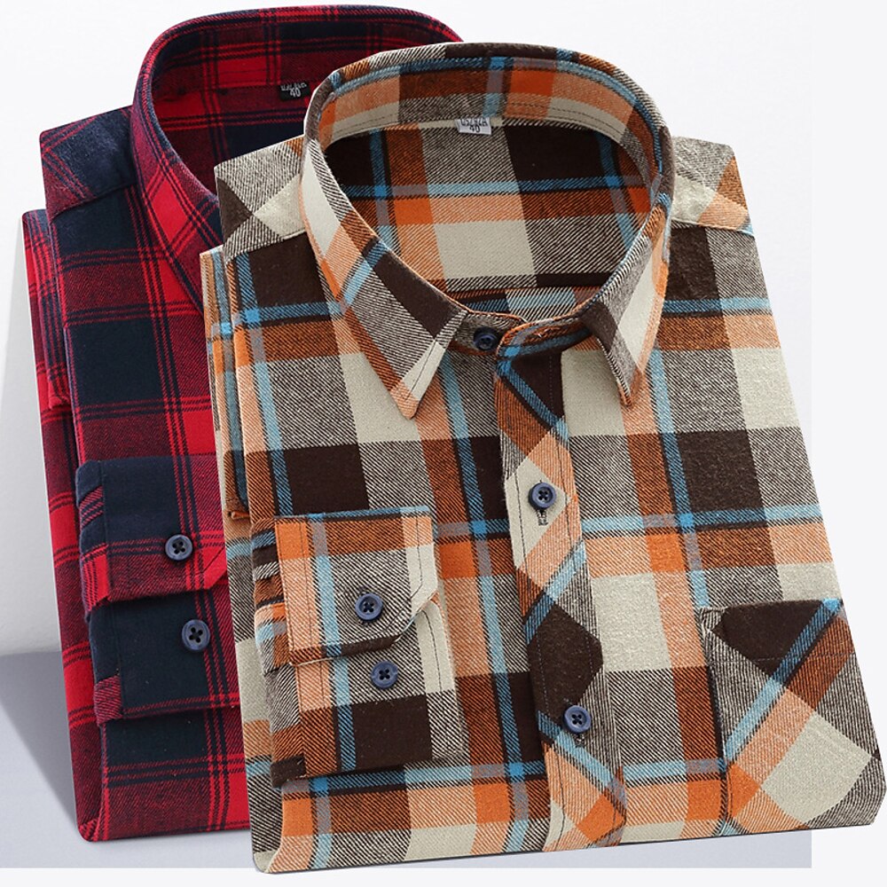 Herren Hemd Kariertes Hemd trachtenhemd Hemdjacke Overshirt Hütte Plaid / Karomuster Outdoor Freizeitskleidung Rote Marineblau Blau Orange Langarm Kargen Frühling Herbst Bekleidung Vordertasche Lightinthebox