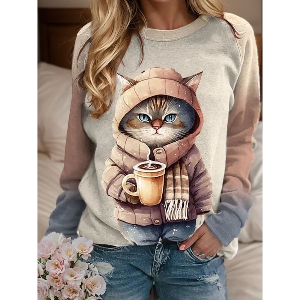 Damen Sweatshirt Pullover Katze Casual Sports Active Sportswear Rundhals Langarm Top Mikroelastisch Herbstamp;Winterkomfort, atmungsaktives, weiches Gewebe Lightinthebox