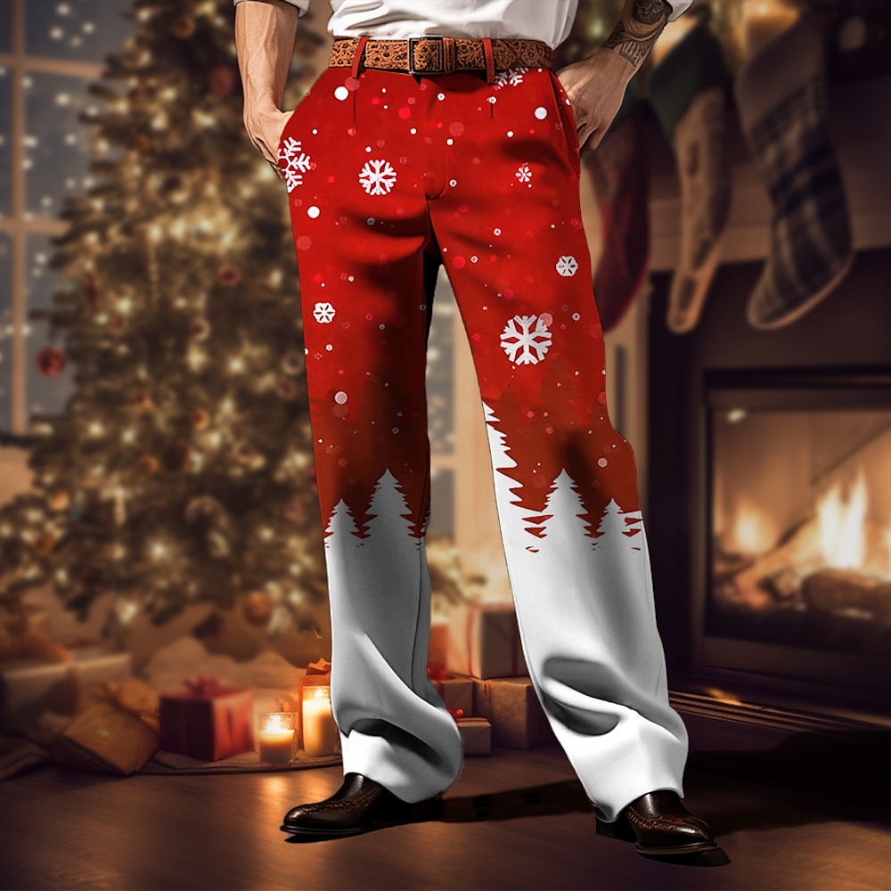 Weihnachtshose für Herren mit Weihnachtsszenen-Aufdruck, Schneeflocke, Business-Casual-Hose mit 3D-Aufdruck, Outdoor-Straßenkleidung für die Arbeit, hässliche Polyesterhose in Weingelb und Blau, S, Lightinthebox