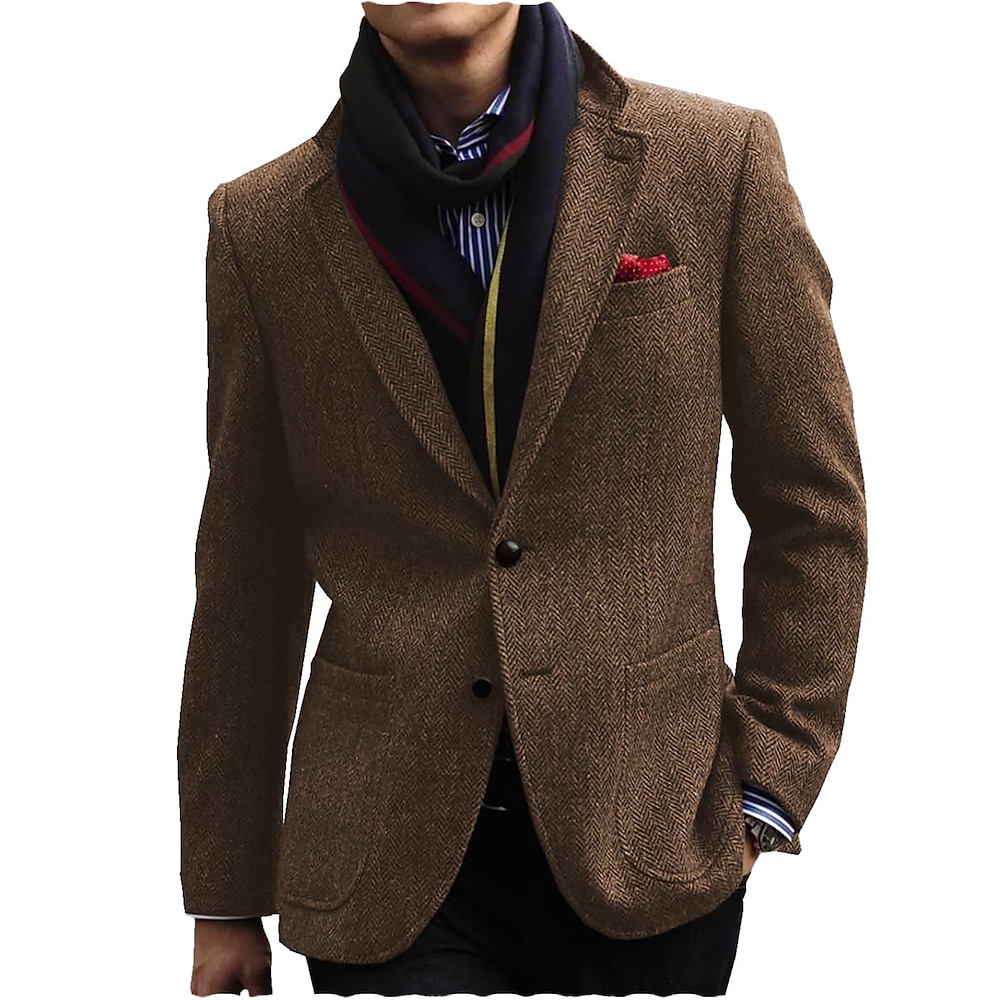 Herren Tweed Blazer Retro Vintage Fischgrätenmuster Blazer Schwarz Braun Dunkelblau Übergrössen Einreiher mit zwei Knöpfen Lightinthebox