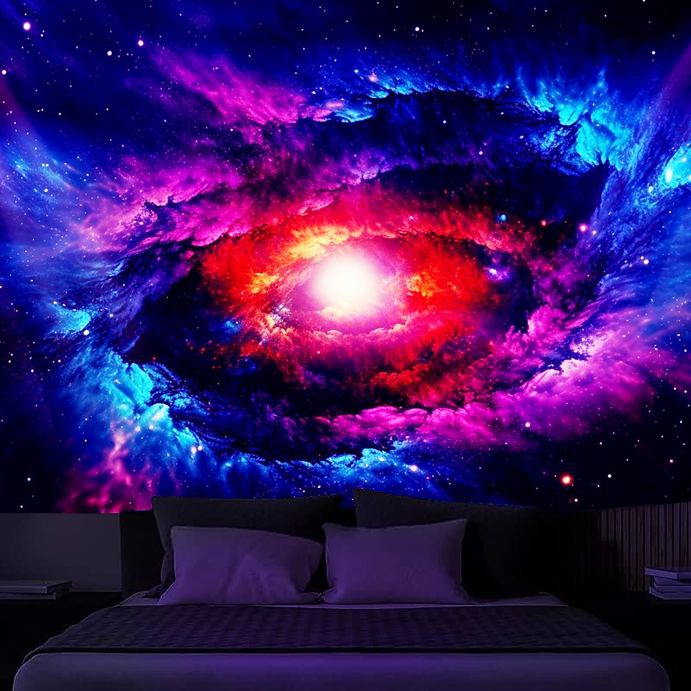 Schwarzlicht Wandteppich UV reaktiv im Dunkeln leuchtend Party Neon Universum Himmel trippig neblige Natur Landschaft hängender Wandteppich Wandbild für Wohnzimmer Schlafzimmer Lightinthebox