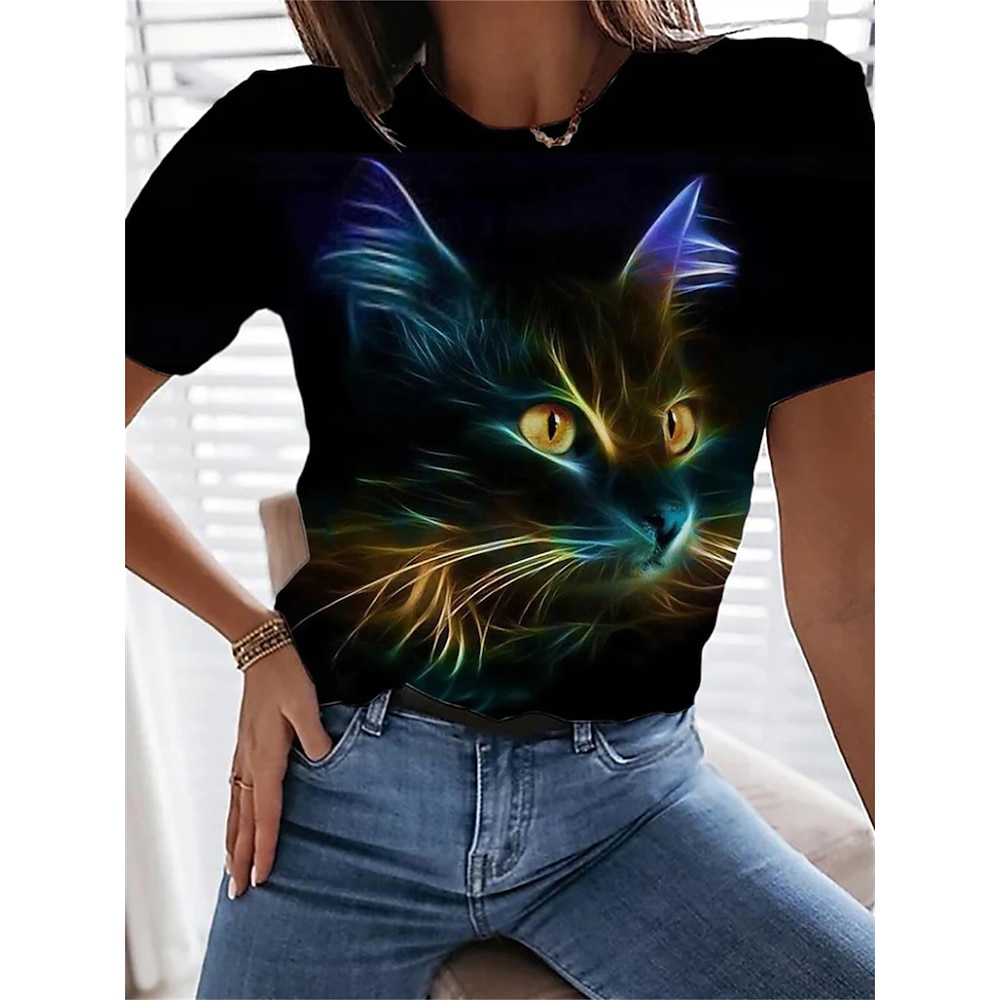 Damen T-Shirt modischer Katzen-Print Kurzarm normale Oberteile Rundhalsausschnitt Alltag Wochenende Schwarz Gelb Marineblau Beige Sommer Lightinthebox