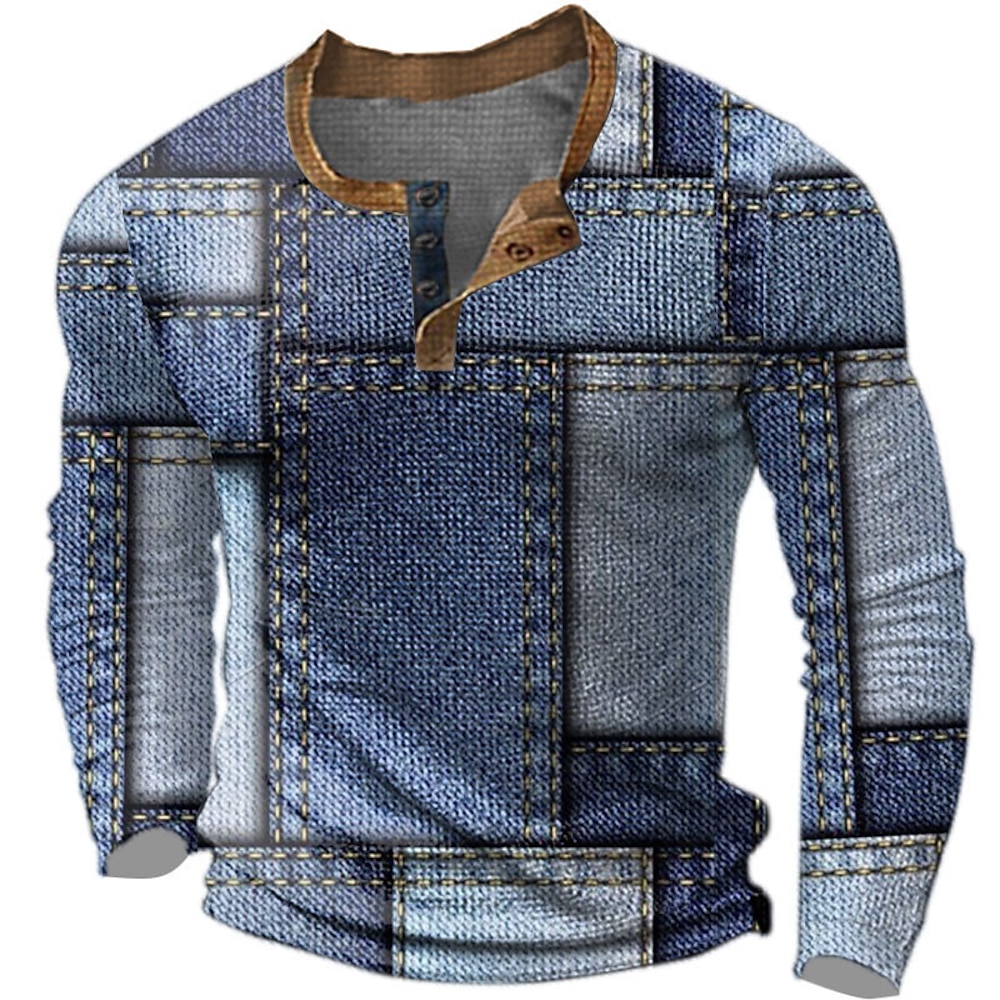 Herren Graphic Geometrisch Henley Shirt Waffel-T-Shirt Langarm 3D-Druck Designer Retro Vintage Brautkleider schlicht Sports Outdoor Festtage Festival Frühling Herbst Blau Braun Dunkelblau Grau Lightinthebox