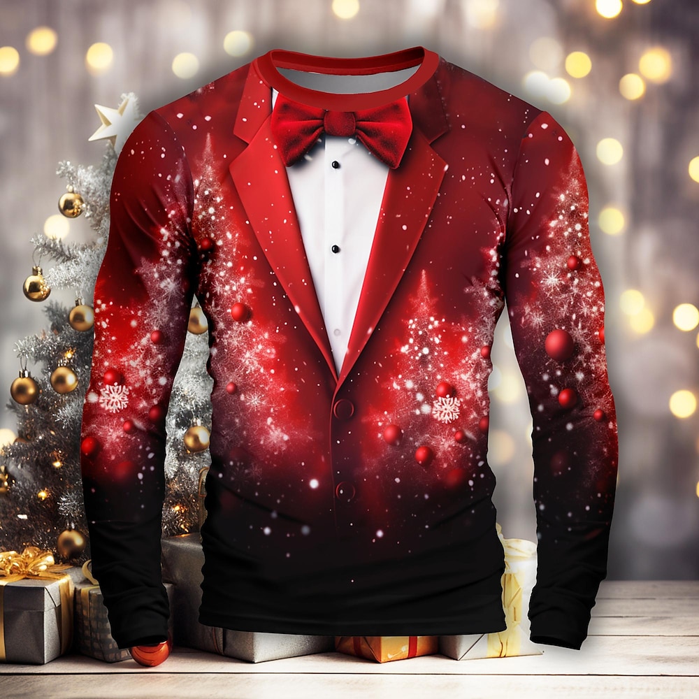 Weihnachten Herren Schneeflocke Weihnachtskostüm T Shirt Langarm T-Shirt 3D-Druck Rundhalsausschnitt Hemd Fröhlich und strahlend Party Casual Festtage Gelb Rote Purpur Frühling Herbst Bekleidung Lightinthebox