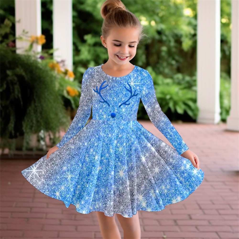 Mädchen' 3D Jeder Weihnachtsoutfit Kleid Rosa Langarm 3D-Druck Herbst Winter Sport Natur Täglich Festtage Kuschelig Brautkleider schlicht Schön kinderkleidung 3-12 Jahre Casual kleid A Linie Kleid Lightinthebox