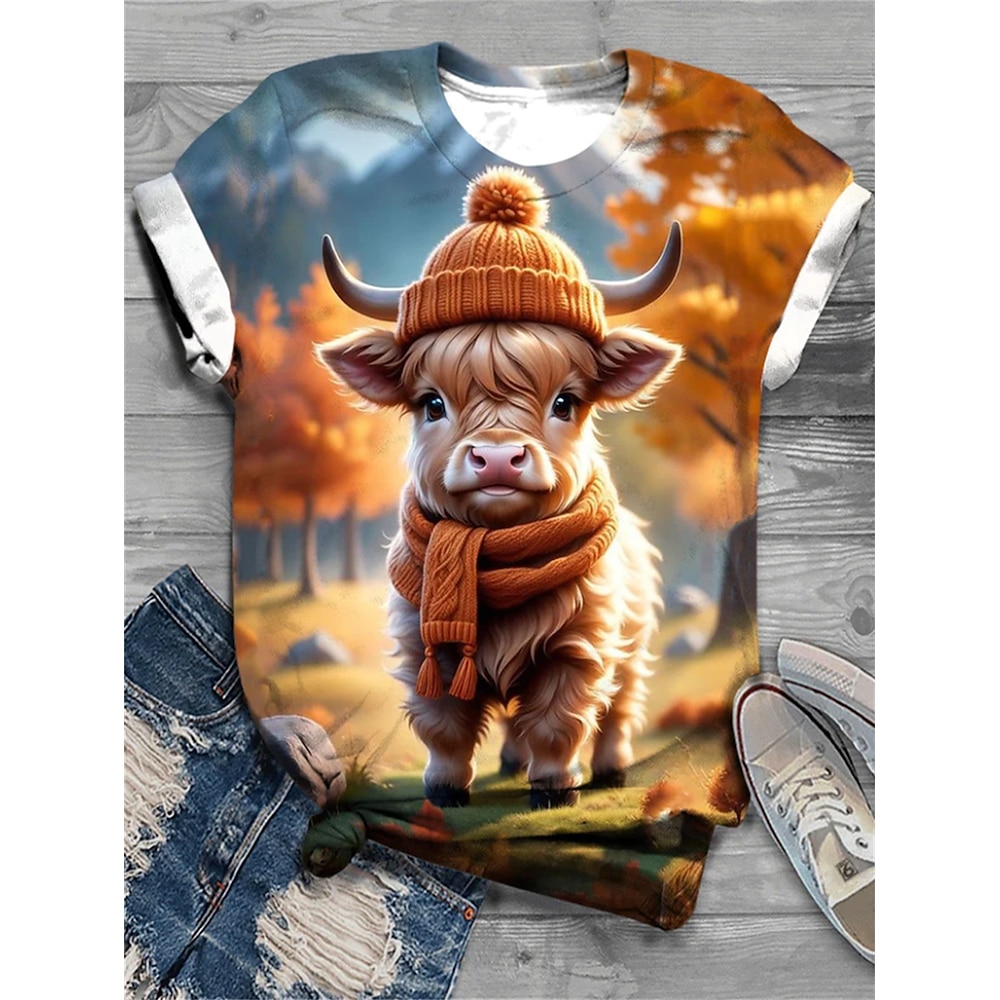 Unisex-T-Shirt mit 3D-Kuh-Print, Strickmütze, Schal, Herbstblätter, kurzärmliges, lässiges T-Shirt mit Rundhalsausschnitt, braun, orange, grün, bequeme, weiche Oberteile für den Alltag, Tiermotiv, Lightinthebox