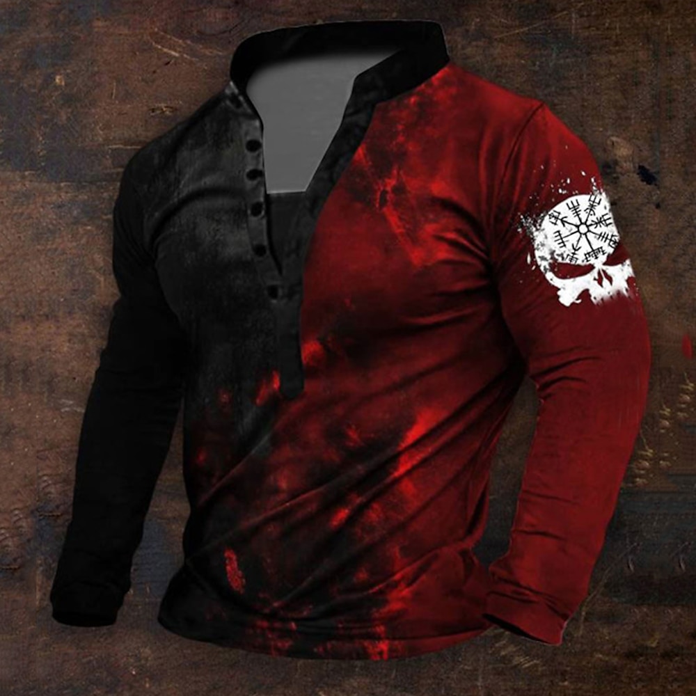 Herren Graphic Vikinger Henley Shirt Langarm T-Shirt 3d Drucken Henley Hemd Täglich Retro Vintage Brautkleider schlicht Festtage Ausgehen Festival Blau Rot Purpur Frühling Herbst Bekleidung S M L Lightinthebox