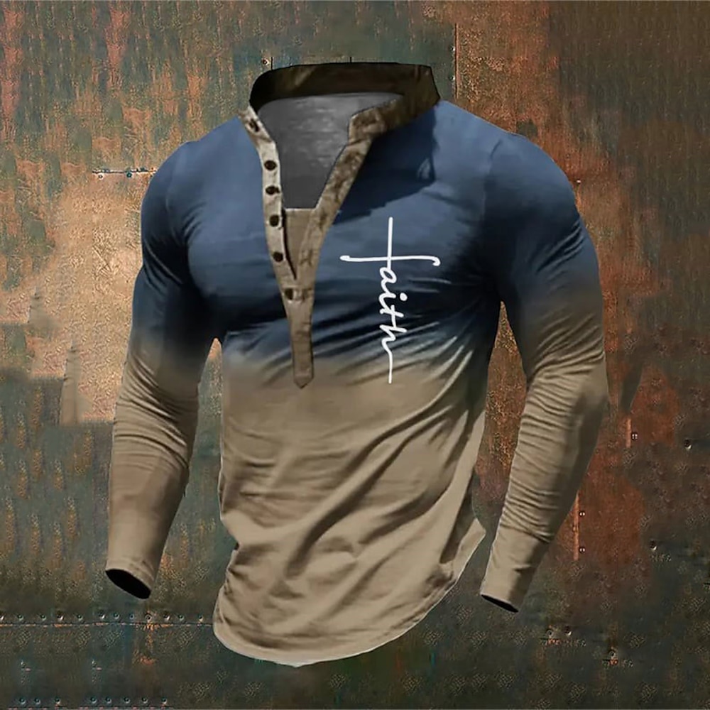 Herren Graphic Farbblock Vertrauen Henley Shirt Langarm 3d Drucken Täglich Retro Vintage Brautkleider schlicht Festtage Ausgehen Festival Frühling Herbst Blau Grün Khaki Grau Henley Henley T-Shirt Lightinthebox