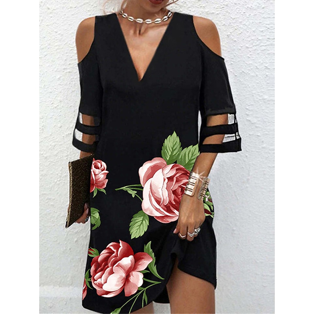 Damen abendkleider Cocktailkleid Kleid für Hochzeitsgäste Gitter Bedruckt V Ausschnitt 3/4 Ärmel Blumen Minikleid kleid hochzeitsgast Geburtstag Elegant Hellgelb Schwarz Sommer Frühling Lightinthebox