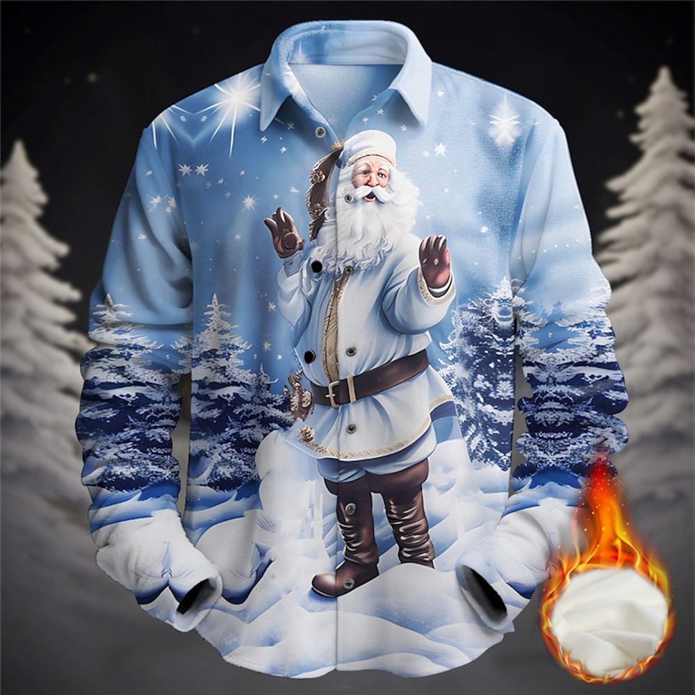 Weihnachtshemden für Herren mit Weihnachtsmann-Aufdruck, lässiger Fleece-Langarmpullover für den Alltag, Urlaub, Ausgehen, Herbstamp;winter turndown print button-down fleece blau khaki fleece Lightinthebox