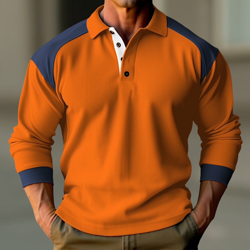 Herren Poloshirt Polos mit Knöpfen Casual Festtage Klassisch Langarm Modisch Basic Farbblock Schnell Trocknend Sommer Regular Fit Schwarz Weiß Dunkelmarine Orange Poloshirt Lightinthebox