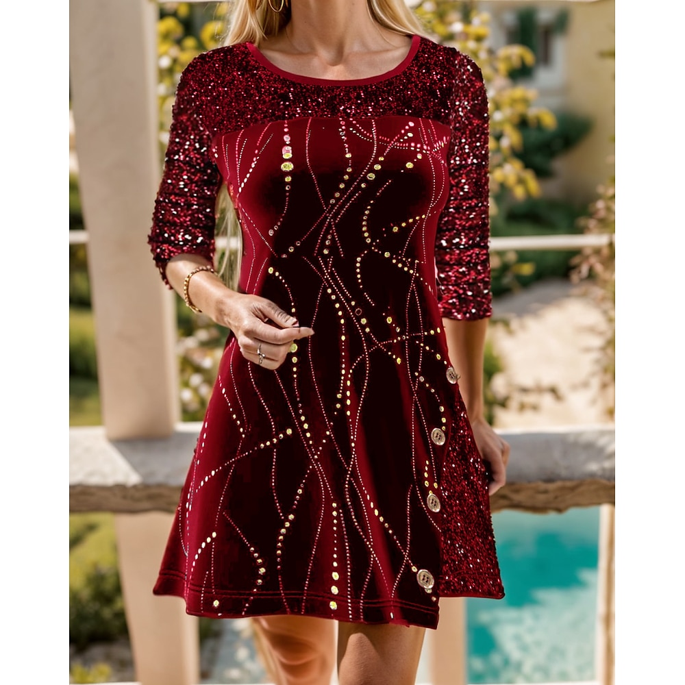 Knielanges Kleid für Damen mit Pailletten, Dreiviertelärmel, festliches kastanienbraunes Wirbel-Punktmuster, elegante Abendgarderobe für Feiertage und Partys im Herbst und Winter Lightinthebox