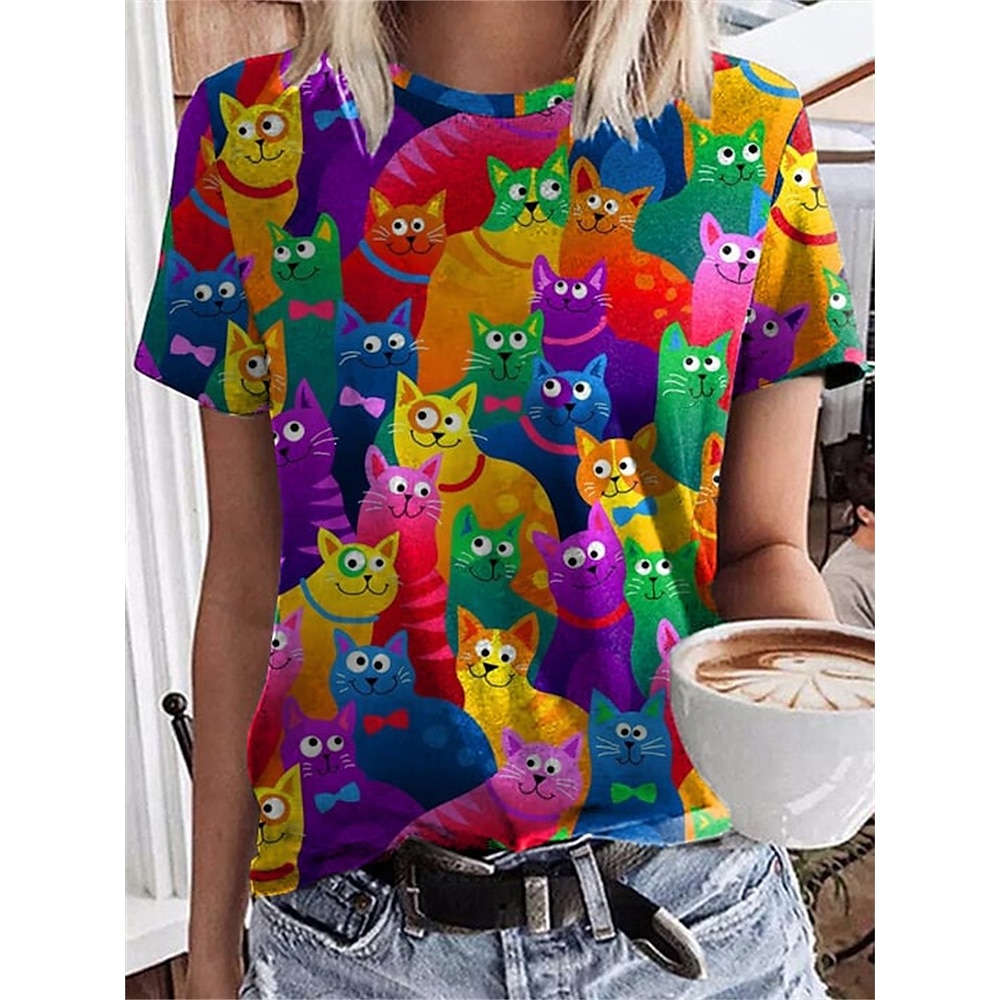 Damen T Shirt Modisch Lustig Katze 3D Normale Oberteile Kurzarm Rundhalsausschnitt Bedruckt Regular Fit Täglich Wochenende Leicht Braun Blau Himmelblau Grün Frühling Sommer Lightinthebox