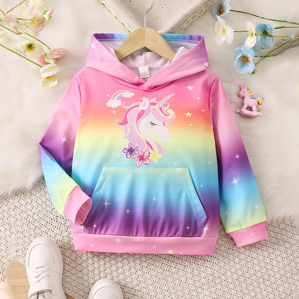 Mädchen 3D Regenbogen Einhorn Farbverläufe Kapuzenshirt Pullover Rosa Langarm 3D-Druck Herbst Winter Aktiv Modisch Kuschelig Polyester kinderkleidung 3-12 Jahre Outdoor Casual Täglich Regular Fit Lightinthebox