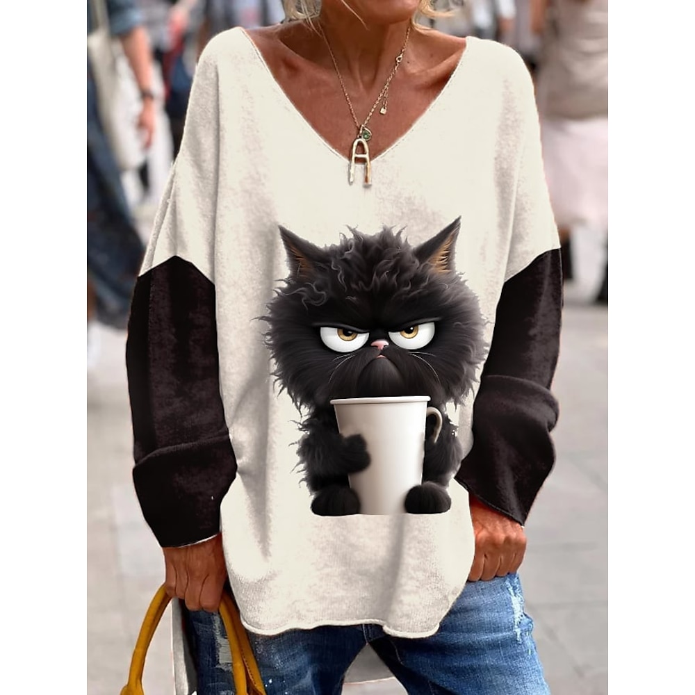 Damen Übergroße Sweatshirt Pullover Zur Seite fahren Polyester Katze Casual Sport Bedruckt Aktiv Sportbekleidung Lustig Lockere Passform V Ausschnitt Langarm Oberteil Mikro-elastisch Herbst Winter Lightinthebox