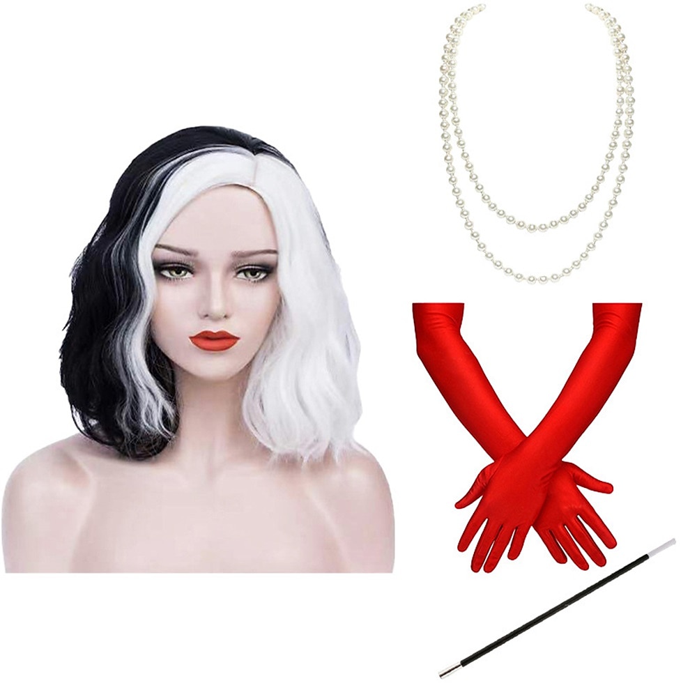 Cruella Deville Perücke schwarz und weiß Perücken für Cruella Deville Kostüm Damen Cruella Perücke mit Handschuhen kurze lockige wellige Haarperücke Halloween Perücken Lightinthebox