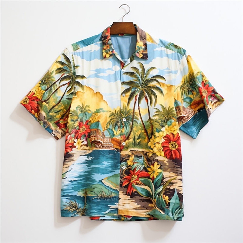 Herren Kokosnussbaum Seelandschaftsmuster Hemd Hawaiihemd Sommerhemd Aloha-Shirt Kurzarm Hemd Umlegekragen Hawaiianisch Brautkleider schlicht Outdoor Strasse Casual Blau S M L Lightinthebox