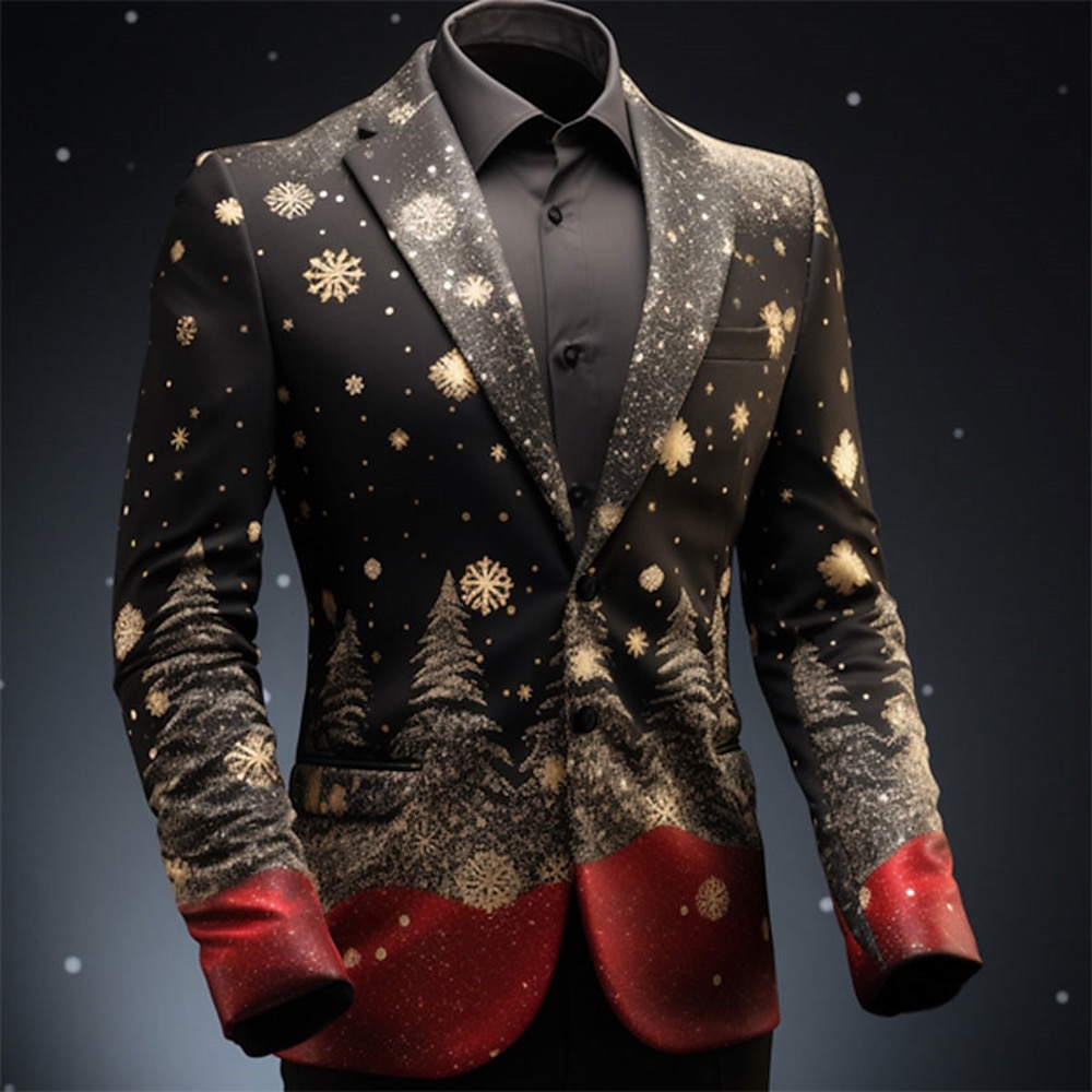 Weihnachts-Blazer für Herren mit Weihnachtsszenen-Print, Baum-Business-Mantel, Blazer, warm, atmungsaktiv, bequem, Arbeitskleidung, zum Ausgehen, Knopfdruck, mehrere Taschen, normale Passform, Lightinthebox