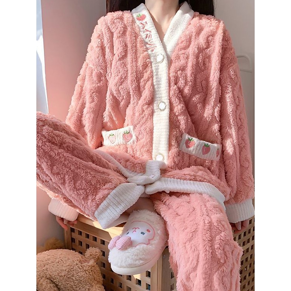 Damen-Pyjama-Sets mit Obst-Plüsch, lässig, bequem, für zu Hause, Flanell, warm, atmungsaktiv, V-Ausschnitt, Langarm, Hemd, Hose, Knopftasche, Herbst-Winter-Home-Outfits Lightinthebox