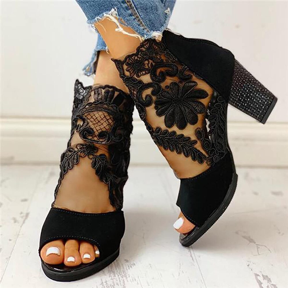 Schwarze High Heel-Sandalen für Damen mit Spitzendetails und offener Spitze für elegante und formelle Kleidung Lightinthebox