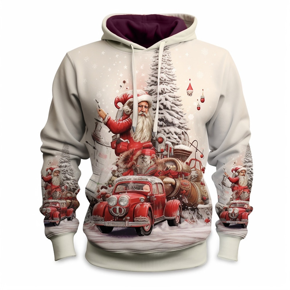 Weihnachten Herren Weihnachtsszene 3D Hoodies Santa's Highway Grafik Mode Alltag Basic 3D Druck Pullover Sport Outdoor Urlaub Ferien Hoodies Beige Kapuze Fronttasche Frühlingamp;Claus weiße Baumwolle Lightinthebox