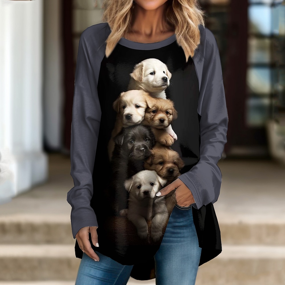 Damen T Shirt Modisch Hund Lange Oberteile Langarm Rundhalsausschnitt Bedruckt Regular Fit Täglich Wochenende Schwarz Leicht Braun Braun Frühling Herbst Lightinthebox