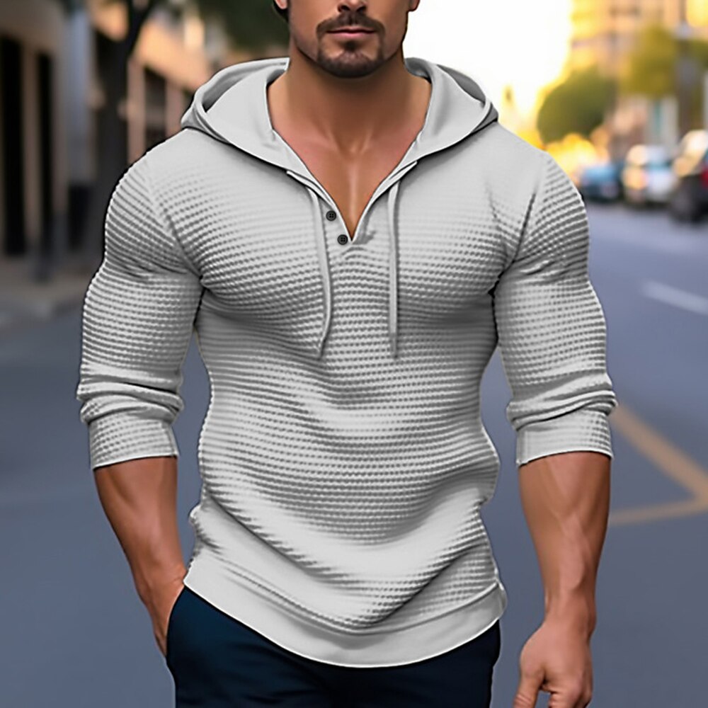 Herren Waffelhemd T Shirt T-Shirt Langarmshirt Langarm Mit Kapuze Frühling Herbst Einfach Mode Designer Basic Urlaub Straße Ausgehen Weiß Kaki Hellgrau Top T-Shirt für Herren Lightinthebox