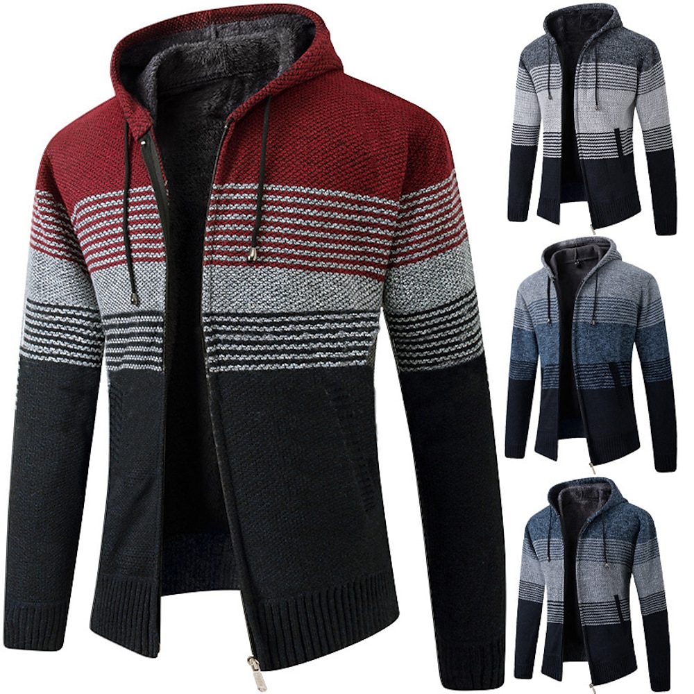 Herren Strickjacke Zip Pullover Reißverschluss Fleece Pullover Gerippt Stricken Strick Farbblock Mit Kapuze Warm-Ups Moderne zeitgenössische Freizeitskleidung Ausgehen Bekleidung Herbst Winter Lightinthebox