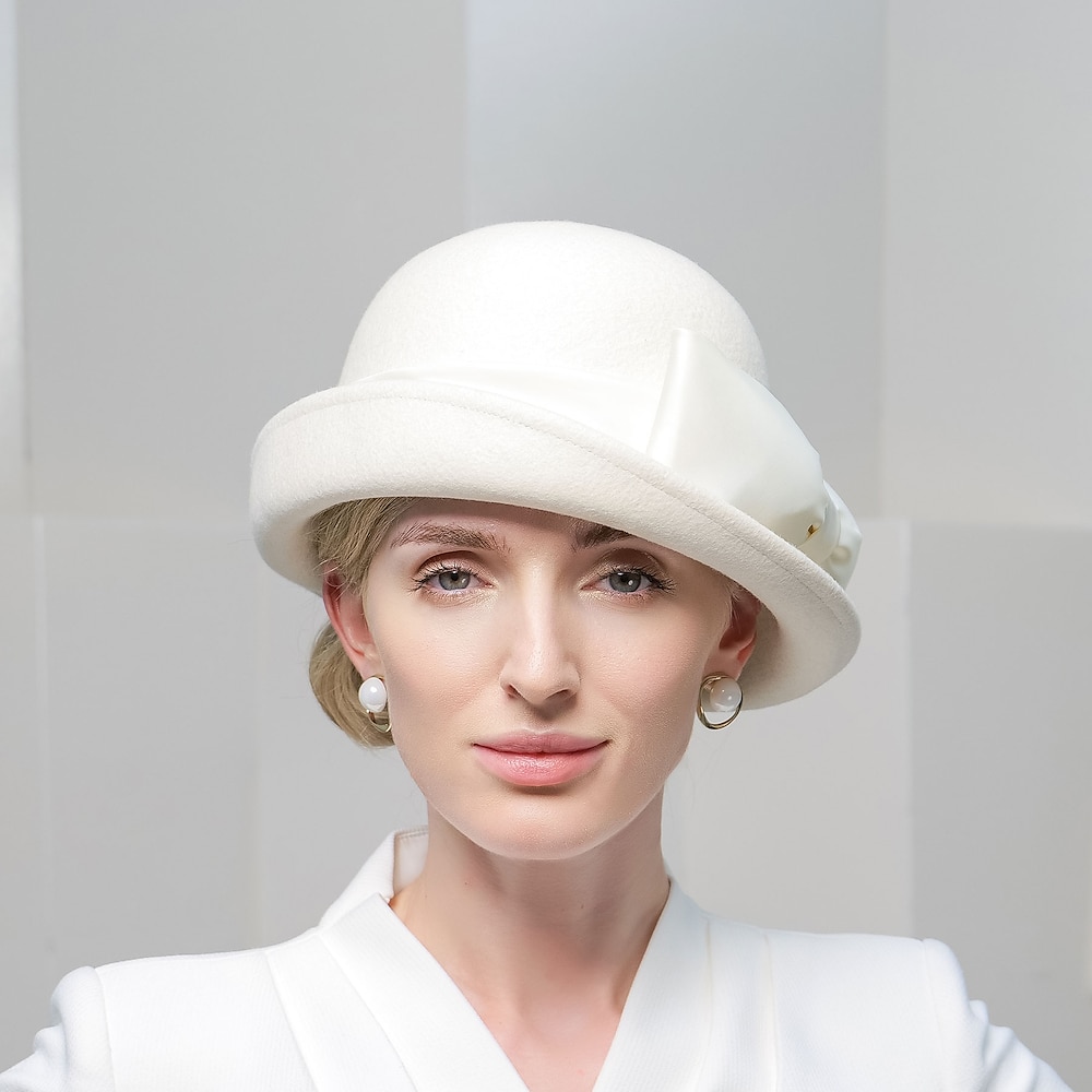 Hüte Polyester 100% Wolle Bowler / Cloche Hut Fedora-Hut Hochzeit Abendgesellschaft Elegant Hochzeit Mit Schleife Kappe Kopfschmuck Kopfbedeckung Lightinthebox