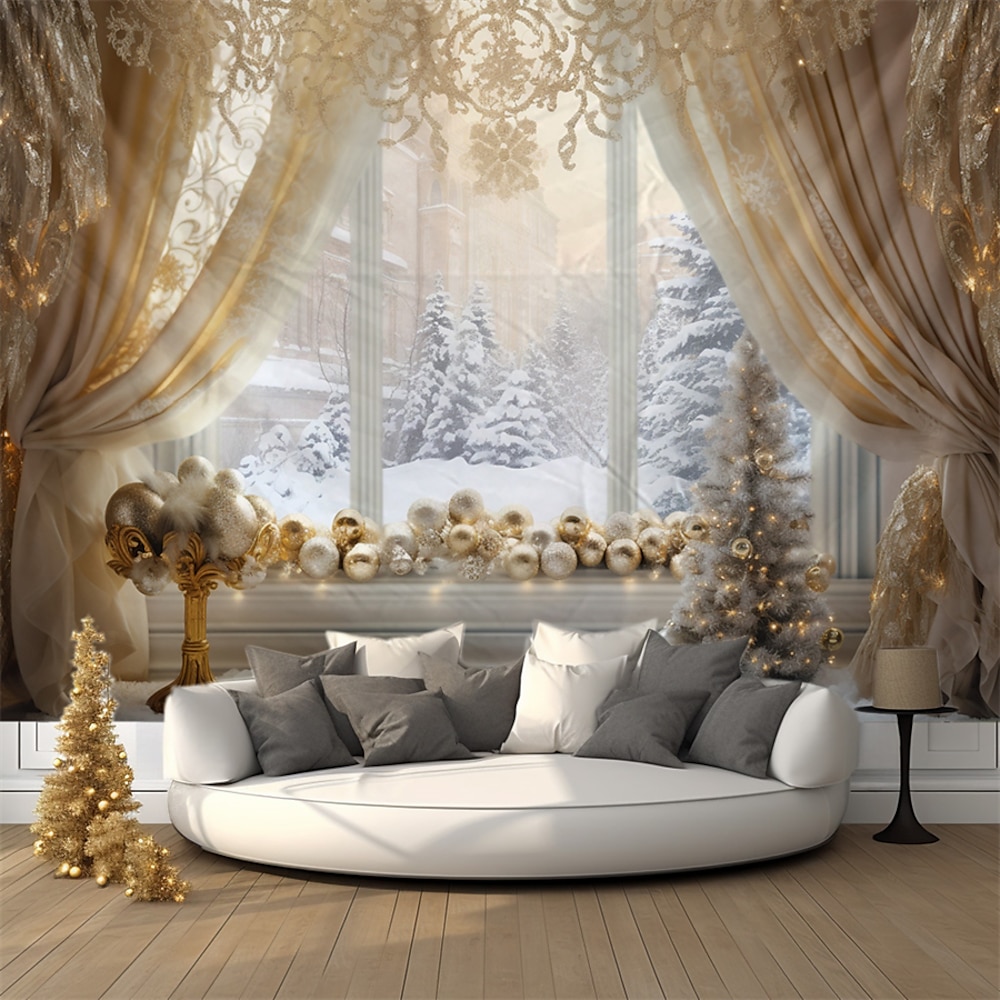 Winterwunderland Schnee Wandteppich Wandkunst großer Wandteppich Wanddeko Fotografie Kulisse Decke Vorhang Haus Schlafzimmer Wohnzimmer Dekoration Fenster goldene Ornamente Lightinthebox