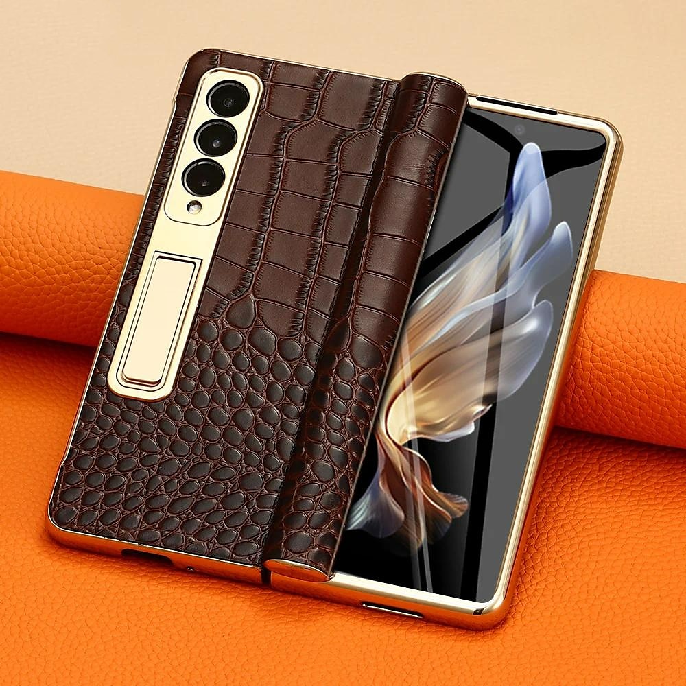 Handy Hülle Handyhüllen Für Samsung Galaxy Z Fold 5 Z Fold 4 Z Fold 3 Rückseite Kameraobjektivschutz Ständer Stoßresistent Retro Echtleder Lightinthebox