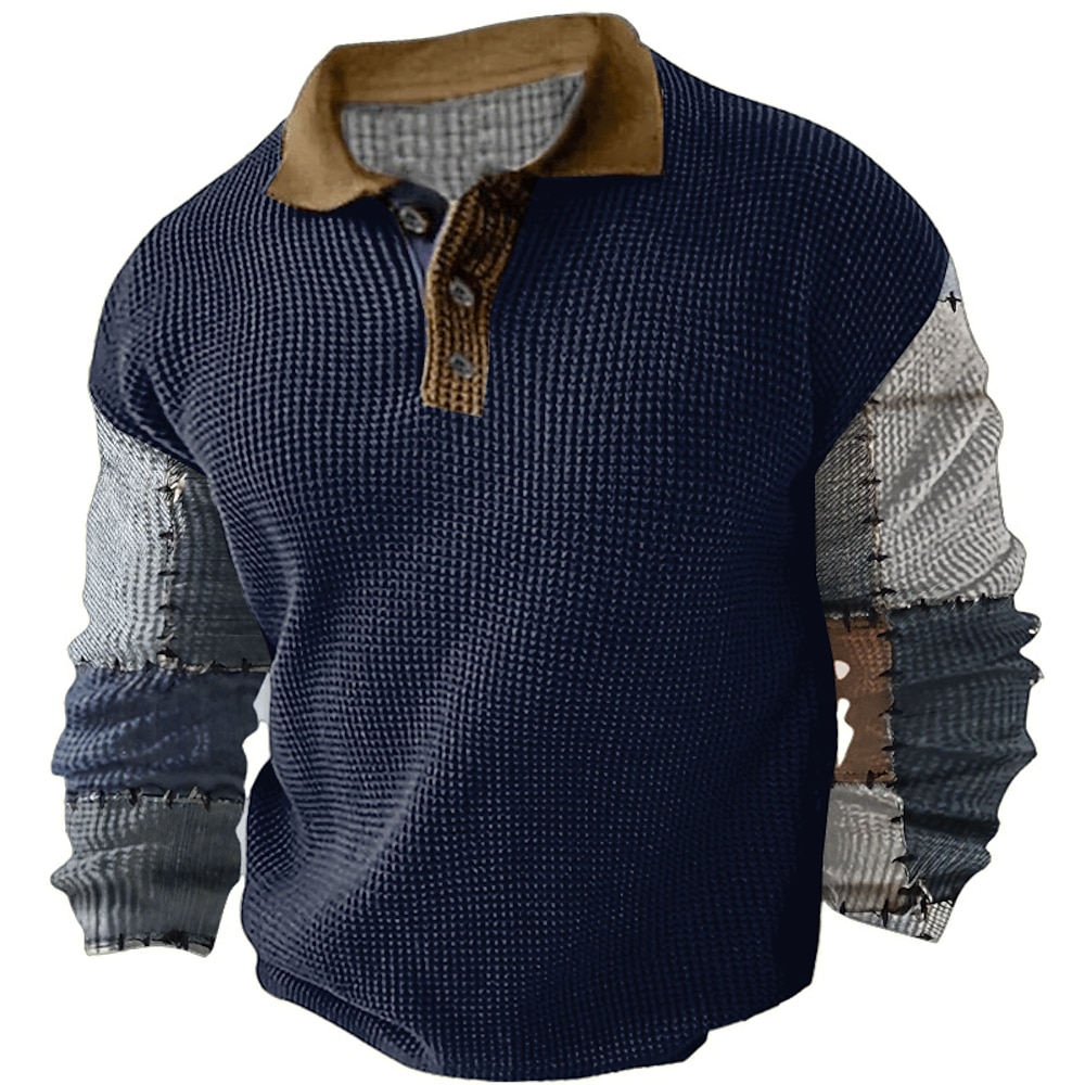 Herren Farbblock Plaid / Karomuster Waffel-Poloshirt Golfpolo Langarm Polo-Shirts Umlegekragen Brautkleider schlicht Outdoor Casual Strassenmode 3D Bedruckt Dunkelmarine Blau Braun Lightinthebox