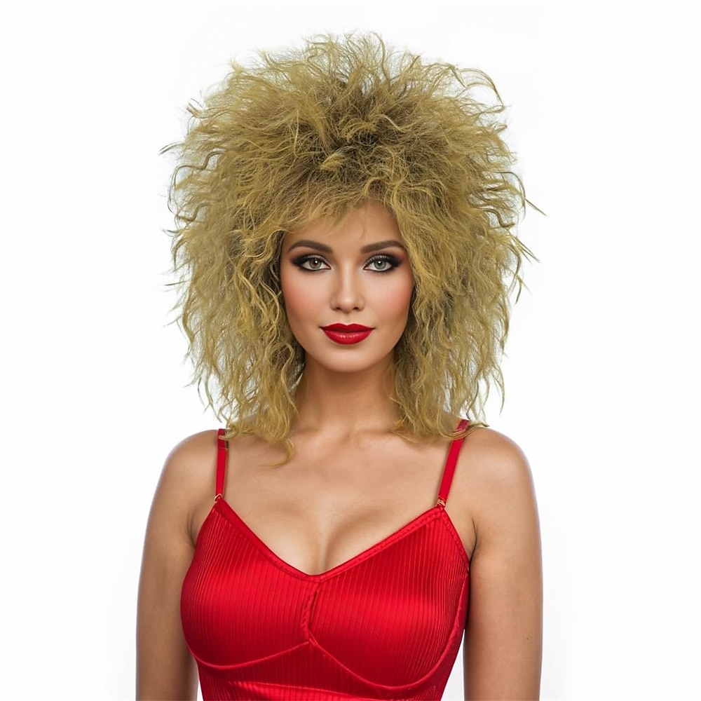 Kurze blonde Lockenperücke, Vokuhila, blonde, braune Perücke mit dunklen Wurzeln, 70er-80er-Jahre-Rocker-Perücke, zweifarbige geschichtete Perücke, Cosplay-Kostüm-Perücken, Damen und Herren Lightinthebox