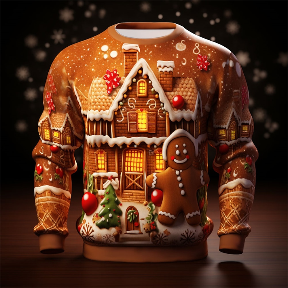 Weihnachten Lebkuchenmann 3D Sweatshirts für Herren Grafik Santas Helfer Mode 3D Druck Golf Pullover Urlaub Ferien Ausgehen Braun Langarm Rundhalsausschnitt Druck Frühlingamp;Herbst Designer Shirt Lightinthebox