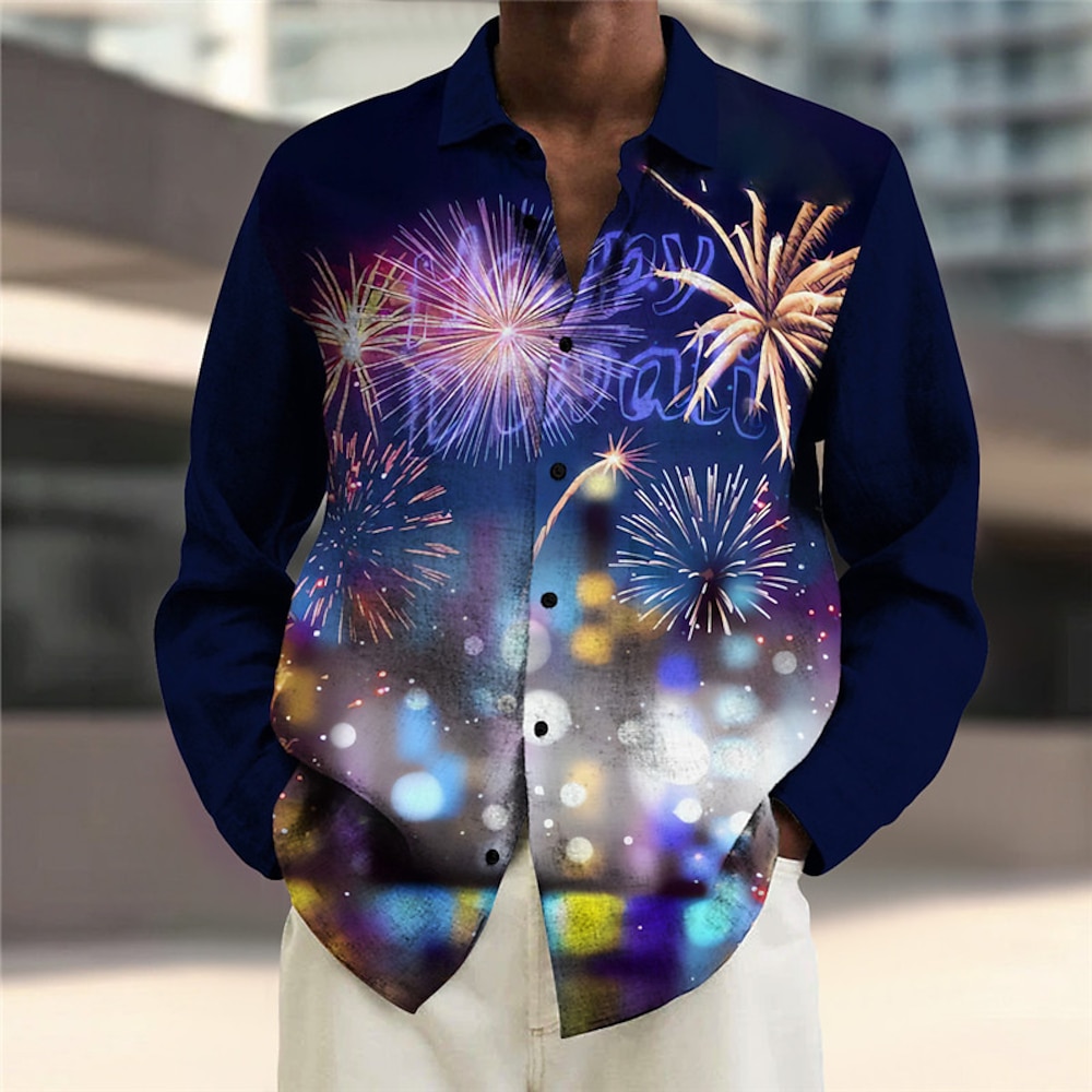 Silvester Herren Buchstabe Weihnachtsszene Hemd Langarm Brautkleider schlicht Ausgehen Wochenende Herbst Winter Umlegekragen Bedruckt Button-Down Violett Blau Lightinthebox